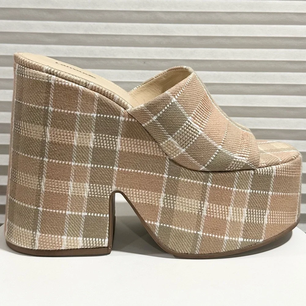 🌹LARROUDE🌹 Wanda Platform Mule In Neutral Plaid Raffia Size: 11